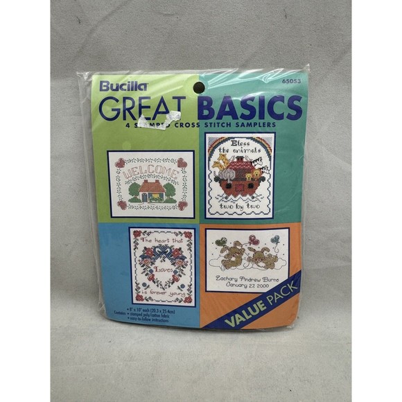Bucilla Great Basics 4 Stamped Cross Stitch Samplers Welcome Noahs Ark Bunny - Picture 1 of 3